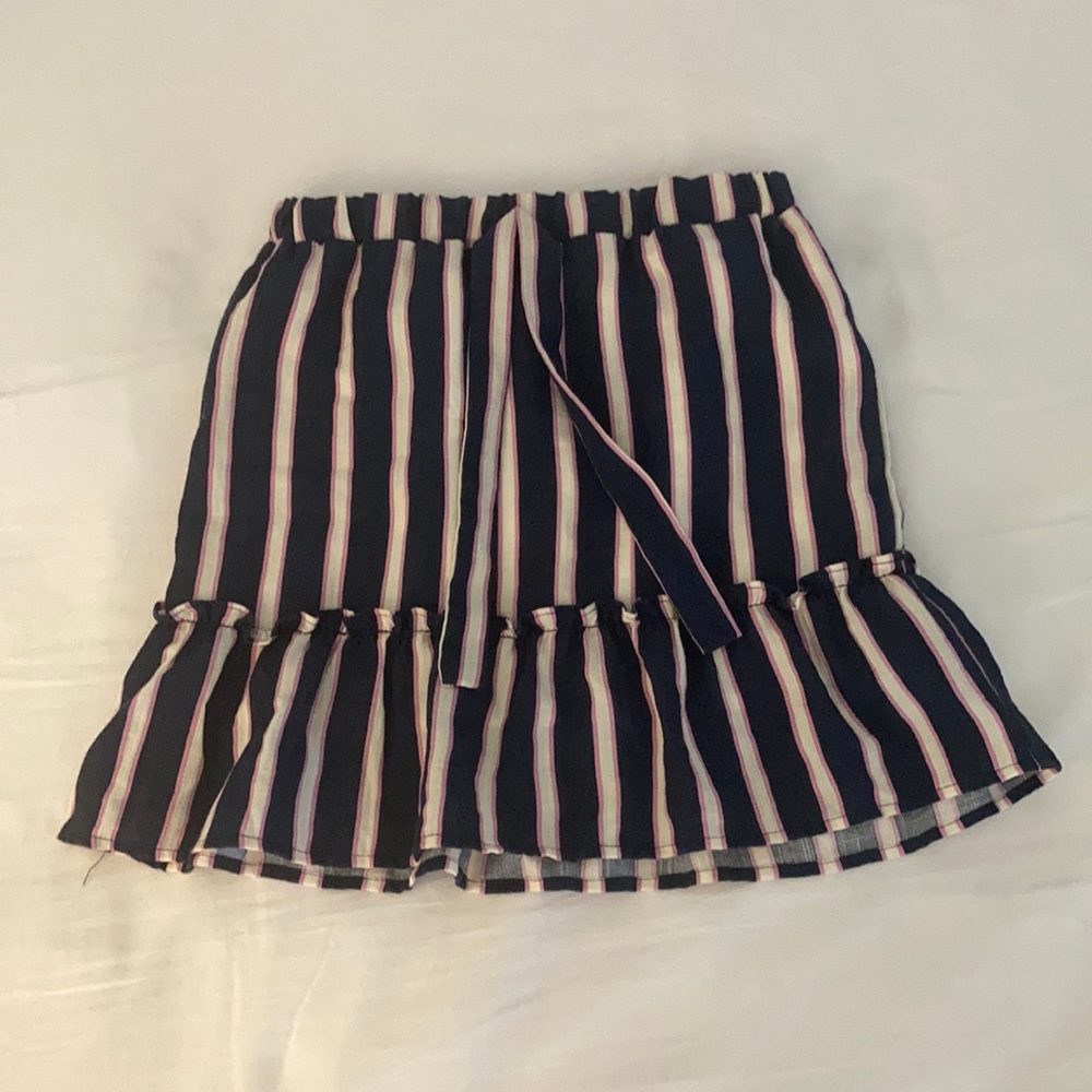 Navy blue, pink and white striped skirt ages 11-12